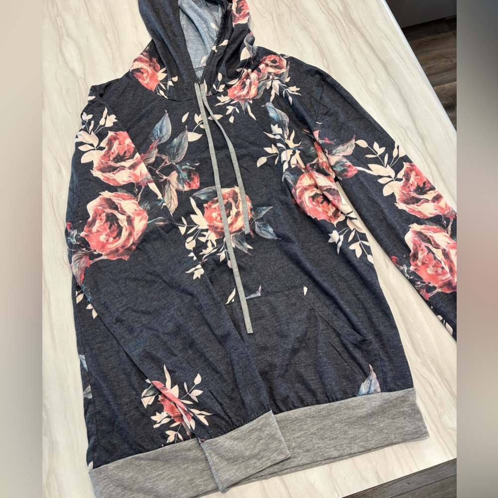 Tickled Teal Floral Hoodie Sweater - Gray and Pink
